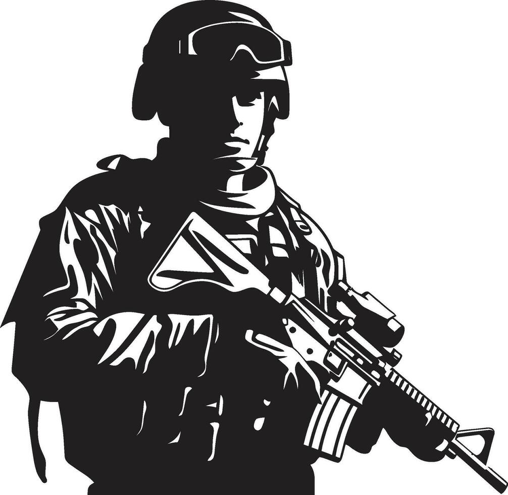 combattente vigore armato soldato nero icona battaglia pronto sentinella armato militare vettore emblema