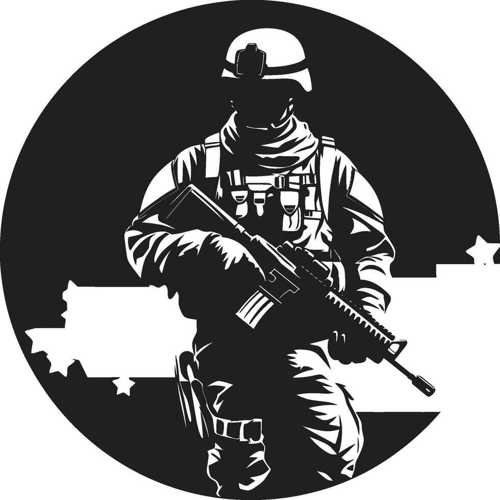 strategico custode armato soldato emblema design difensiva valore nero logo icona di un militare vettore