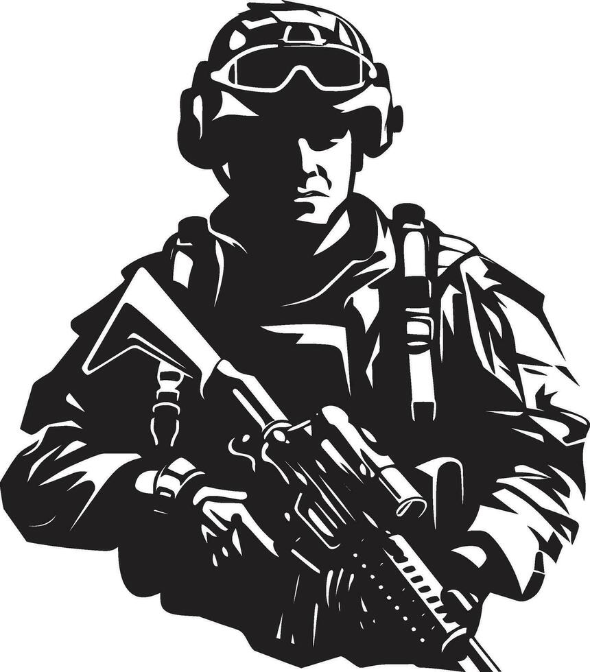 battaglia pronto guerriero nero emblema strategico difensore armato sentinella logo vettore