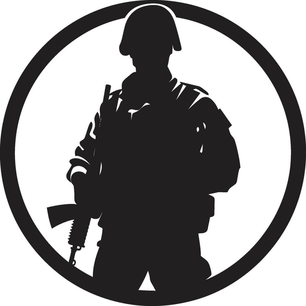 battaglia pronto sentinella nero logo di un armato guerriero strategico vigilanza vettore nero militare icona