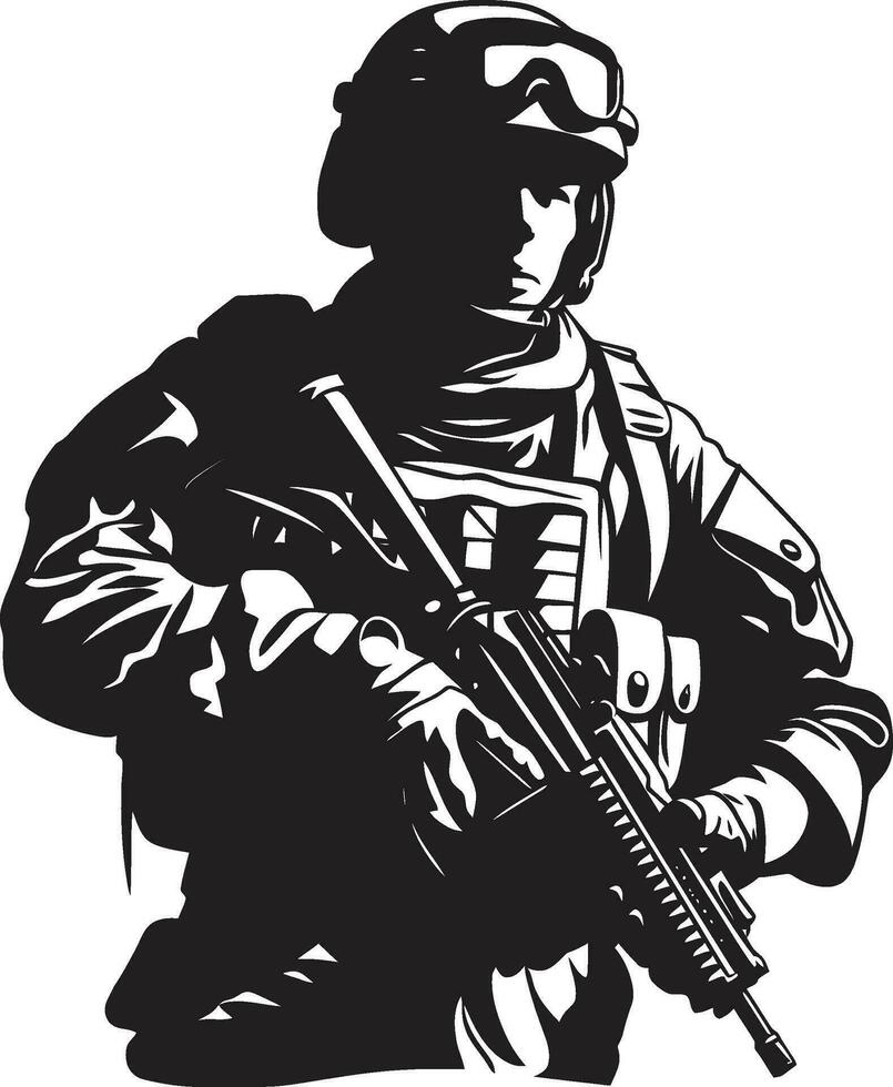 eroico risolvere nero armato soldato logo design vigile protettore vettore militare nero icona