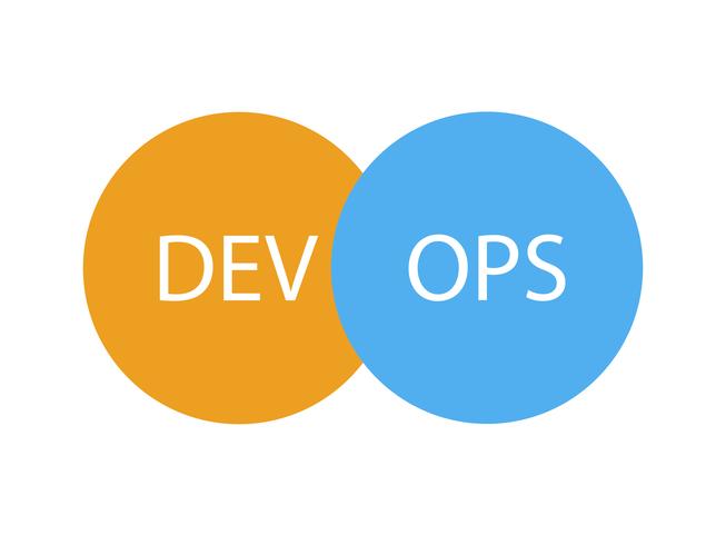 Logotipo DevOps. Segno di cerchi con frecce blu. Illustrazione piatta vettoriale