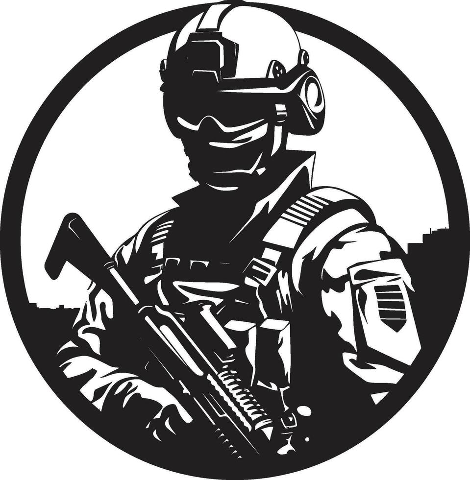 eroico risolvere nero armato soldato logo design vigile protettore vettore militare nero icona