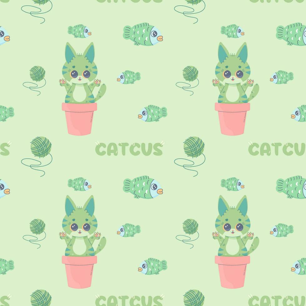 senza soluzione di continuità modello catco cactus gatto, cartone animato carino, vettore illustrazione per tessuto, Stampa, abbigliamento