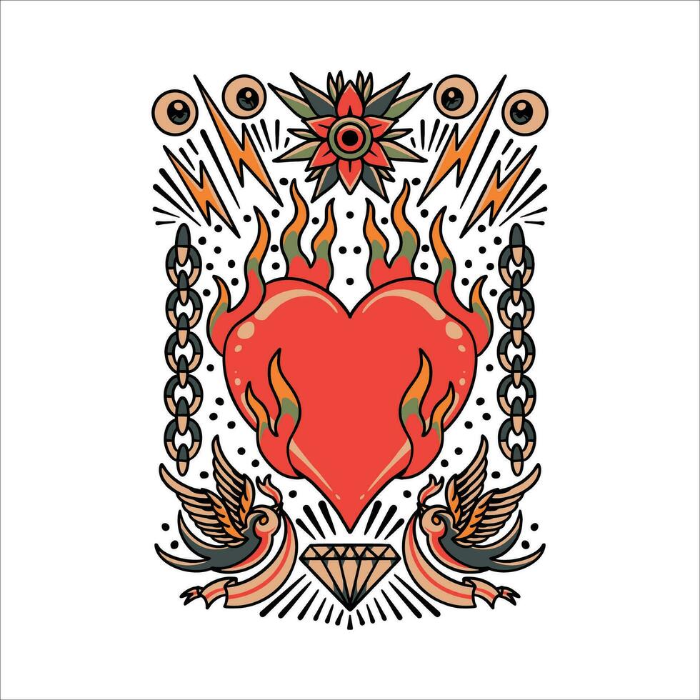 ardente cuore tatuaggio vettore design