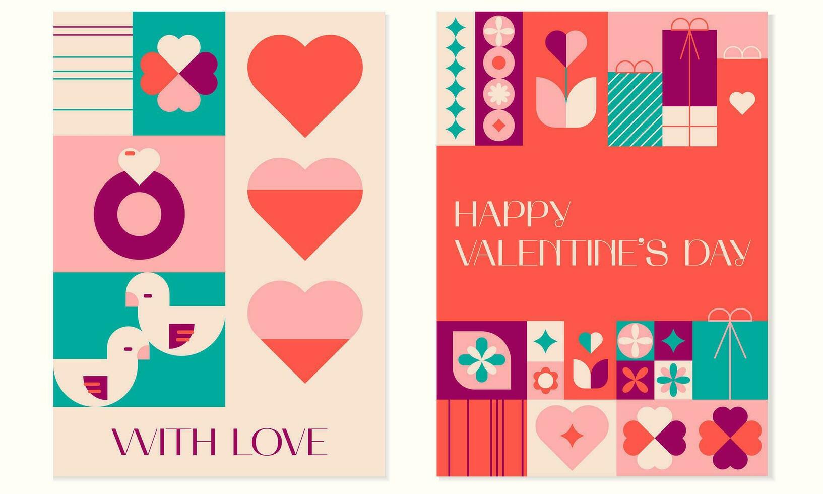 contento san valentino giorno geometrico astratto saluto carta, manifesto impostato e sociale media. mosaico sfondo con cuori, uccelli, impianti e semplice le forme nel un' di moda stile vettore