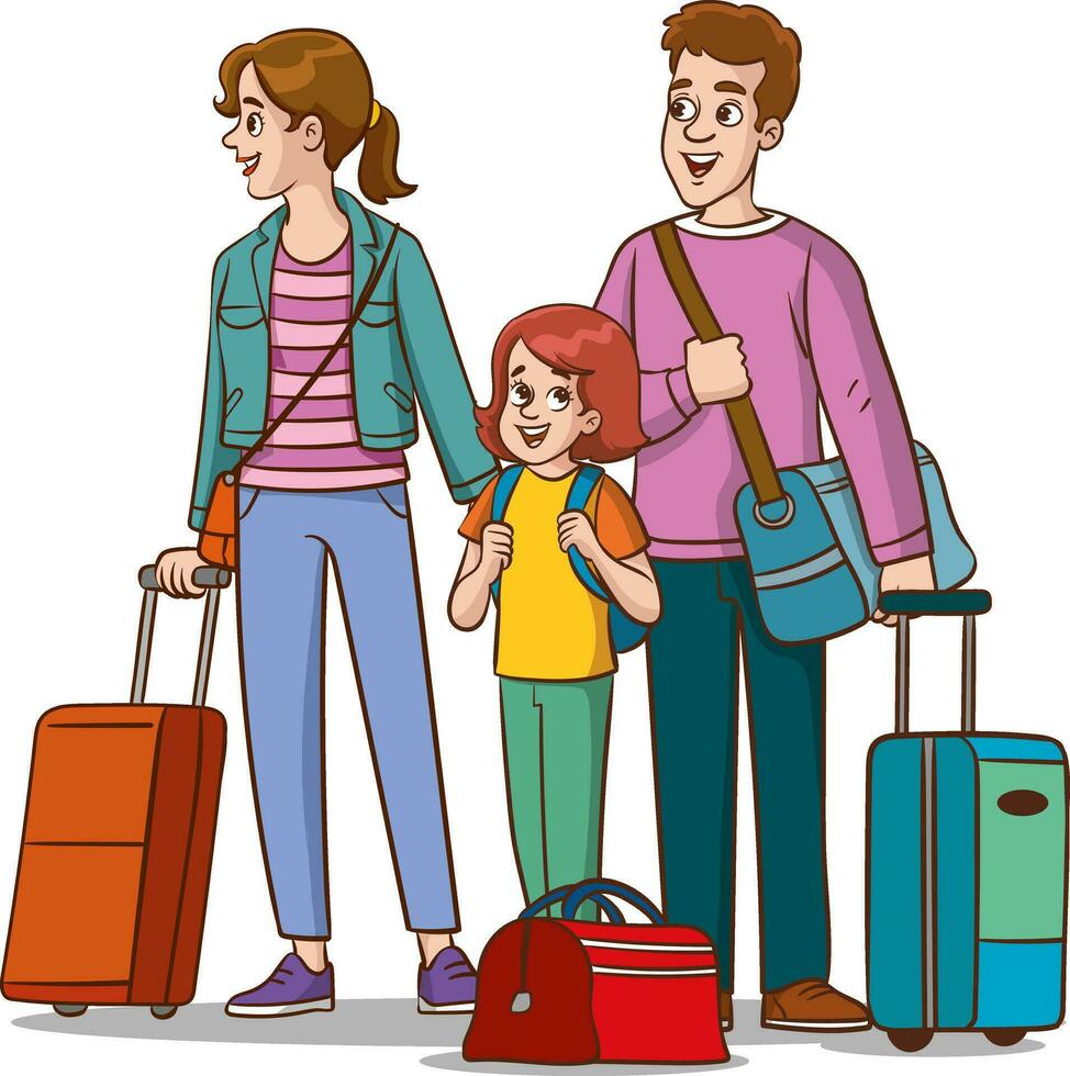 vettore illustrazione di un' famiglia in viaggio con valigie e bagaglio