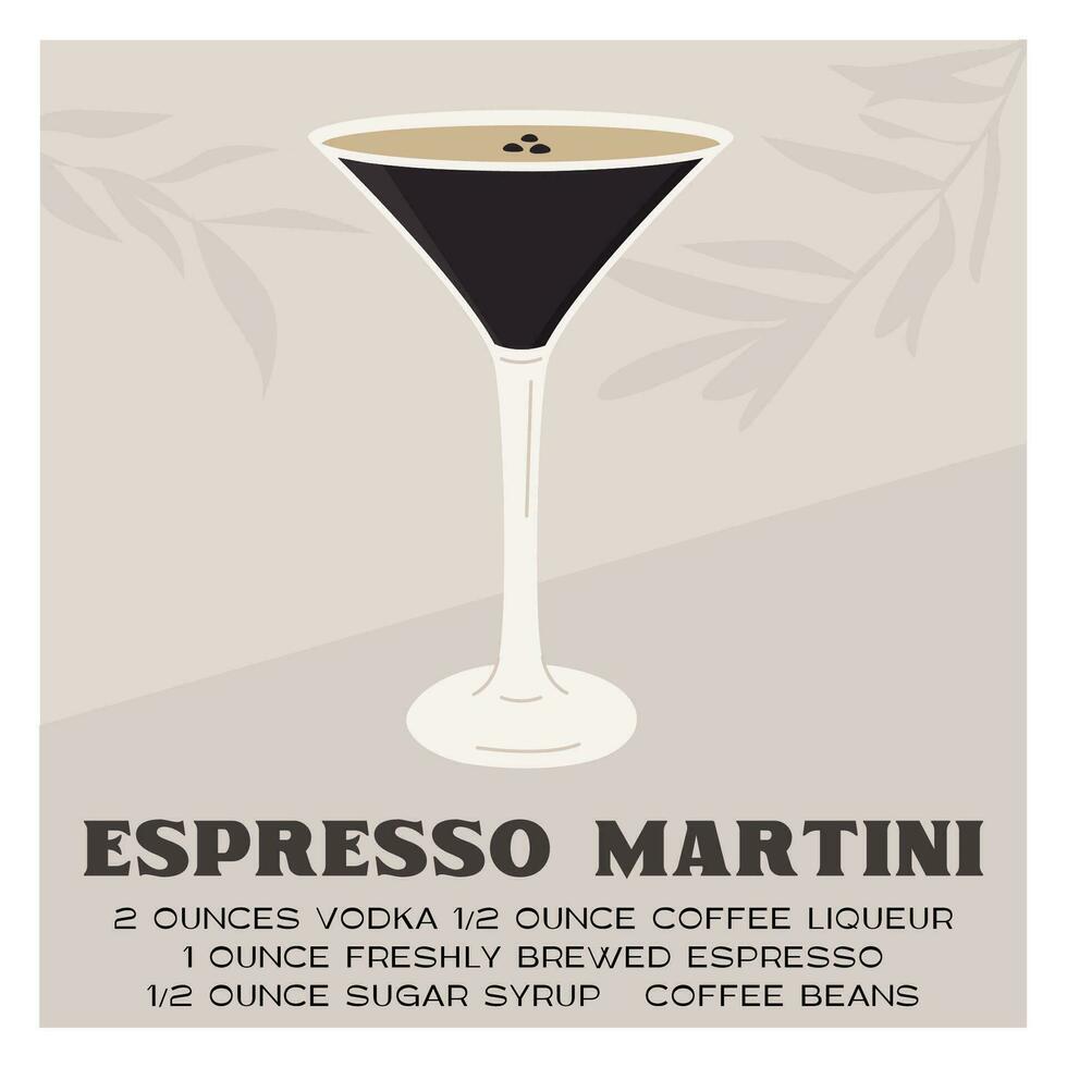 caffè espresso Martini cocktail nel bicchiere guarnito con caffè fagioli. retrò Stampa con ricetta di aperitivo. parete arte manifesto con alcolizzato bevanda e albero ramo ombre su sfondo. vettore illustrazione.