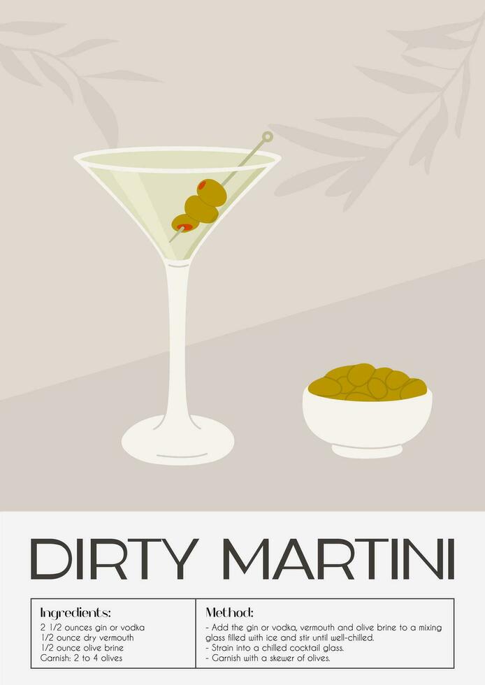 sporco Martini cocktail nel bicchiere con ghiaccio e olive su spiedo. estate aperitivo ricetta retrò elegante manifesto. Stampa con classico alcolizzato bevanda e aperitivo. vettore illustrazione.