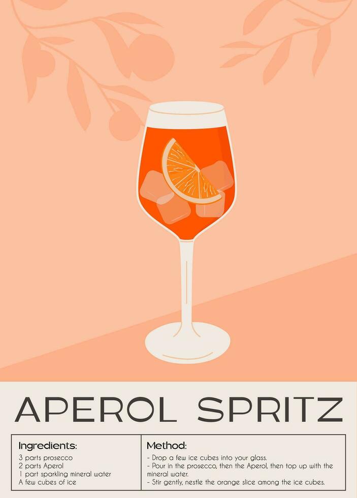 Campari spritz cocktail nel bicchiere con ghiaccio e fetta di arancia. estate italiano aperitivo retrò manifesto. parete arte con alcolizzato bevanda decorato con arancia cunei e agrume albero su sfondo. vettore