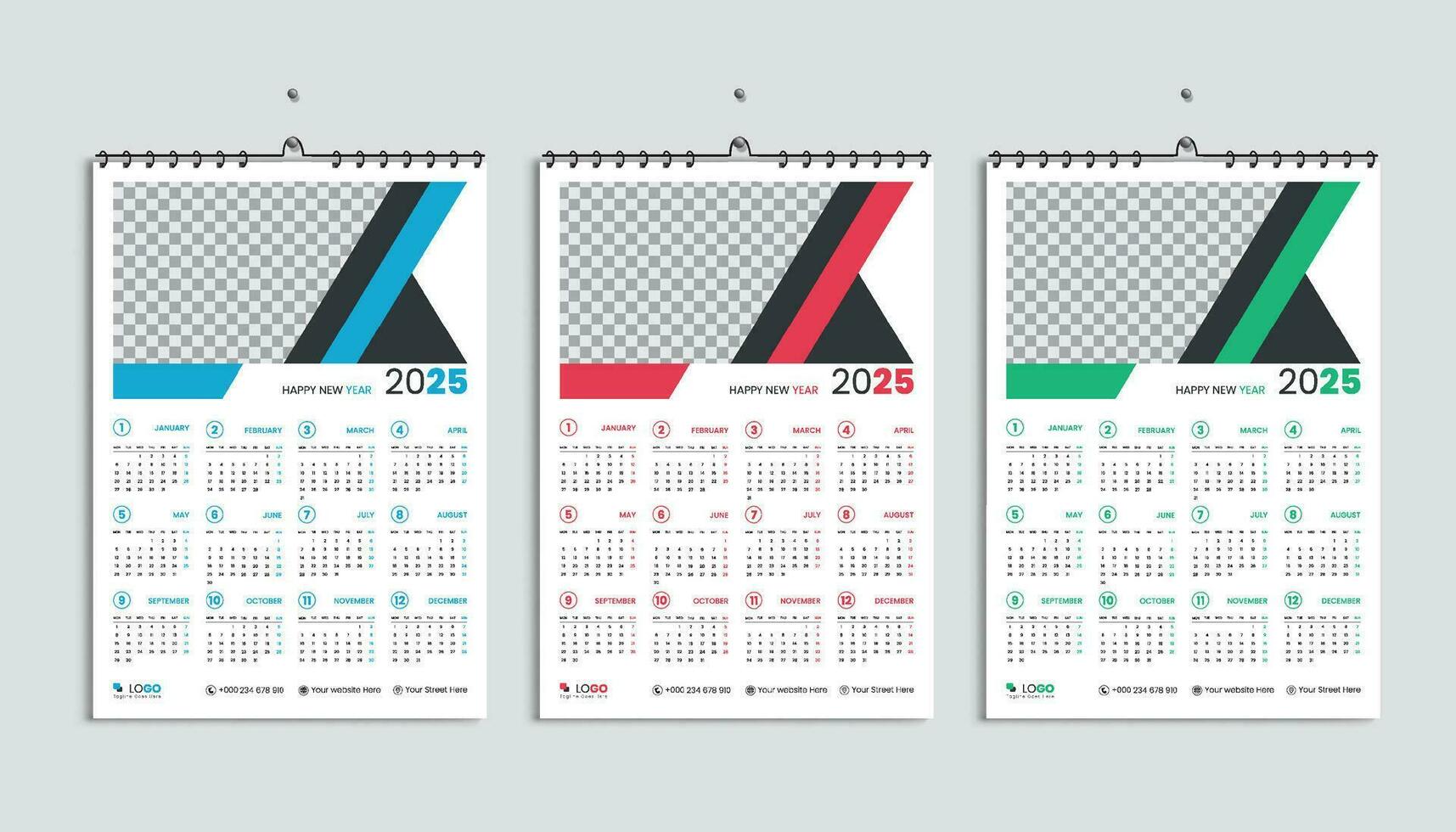 parete calendario 2025 design modello, settimana inizia lunedì, pulire, elegante modello programma pianificatore, astratto blu, rosso, verde pendenza colore lusso concetto, adatto per casa scuola, Università ufficio vettore