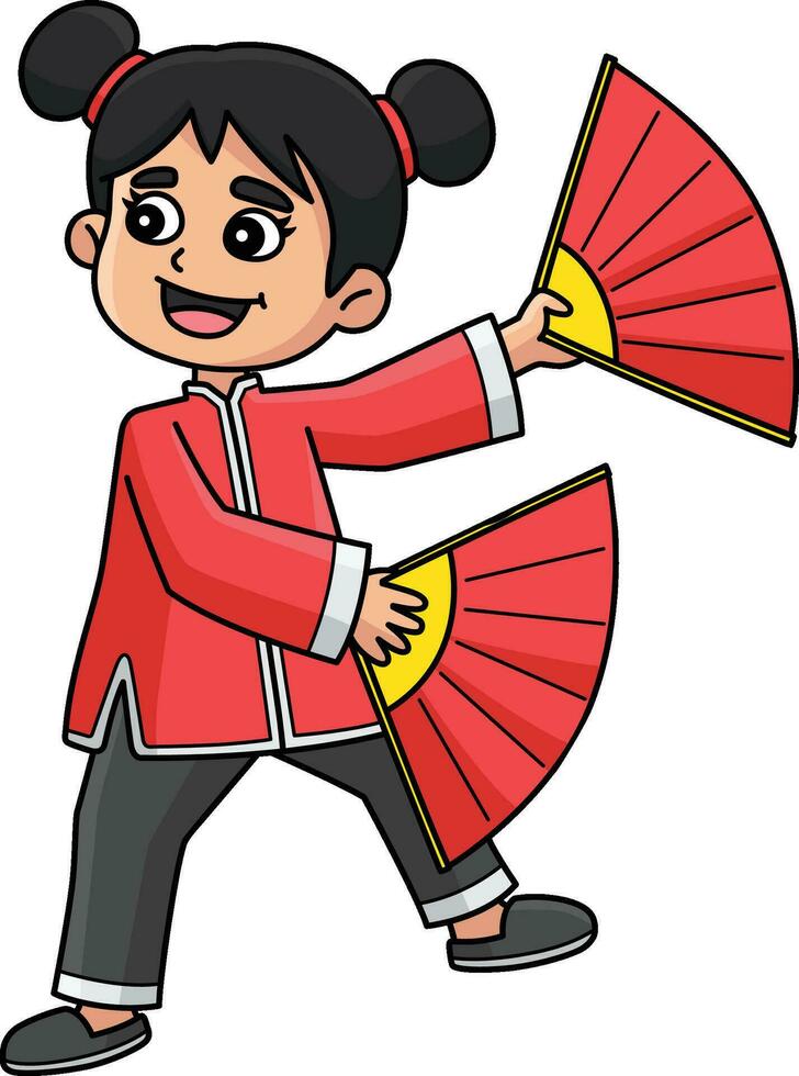 Cinese ragazza con un' mano fan cartone animato clipart vettore