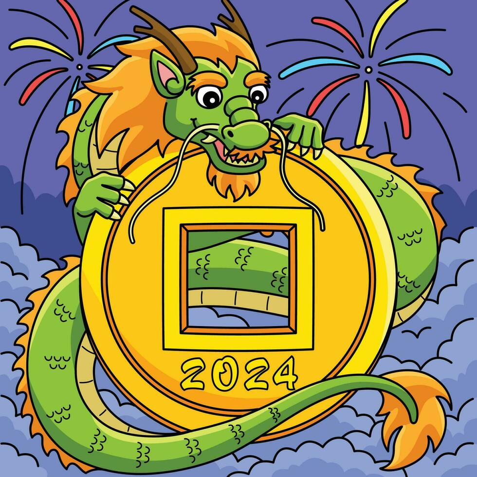 anno di il Drago con 2024 moneta colorato cartone animato vettore