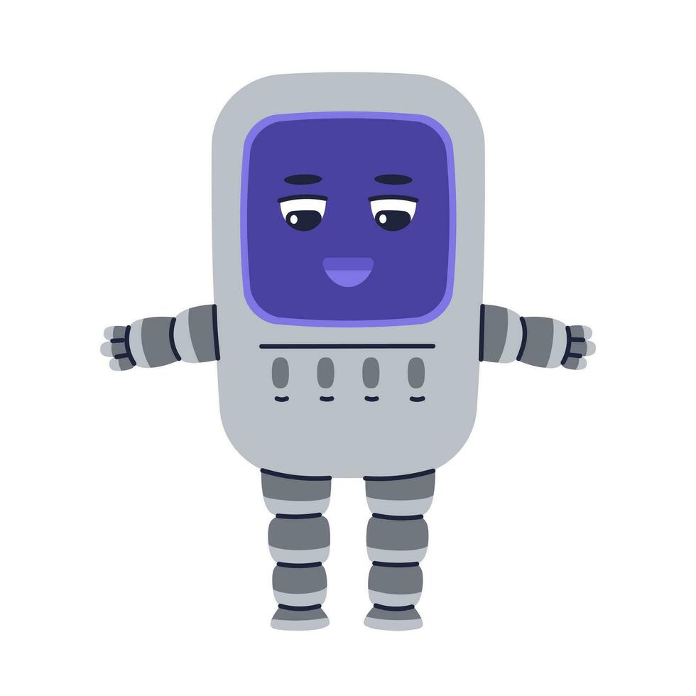 carino robot carattere. chatbot, ai Bot mascotte, digitale cyborg. futuristico tecnologia servizio. comunicazione artificiale intelligenza. vettore illustrazione nel cartone animato scarabocchio stile