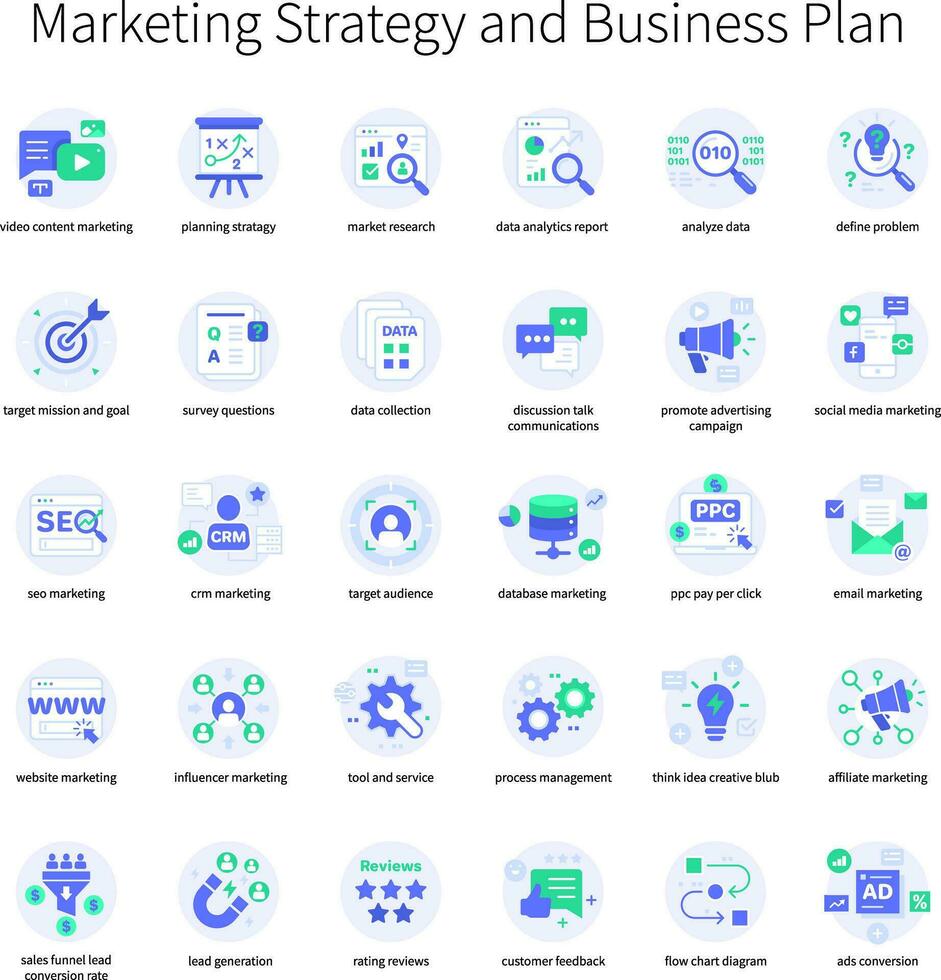 marketing strategia e attività commerciale Piano icona impostato verde viola colore vettore