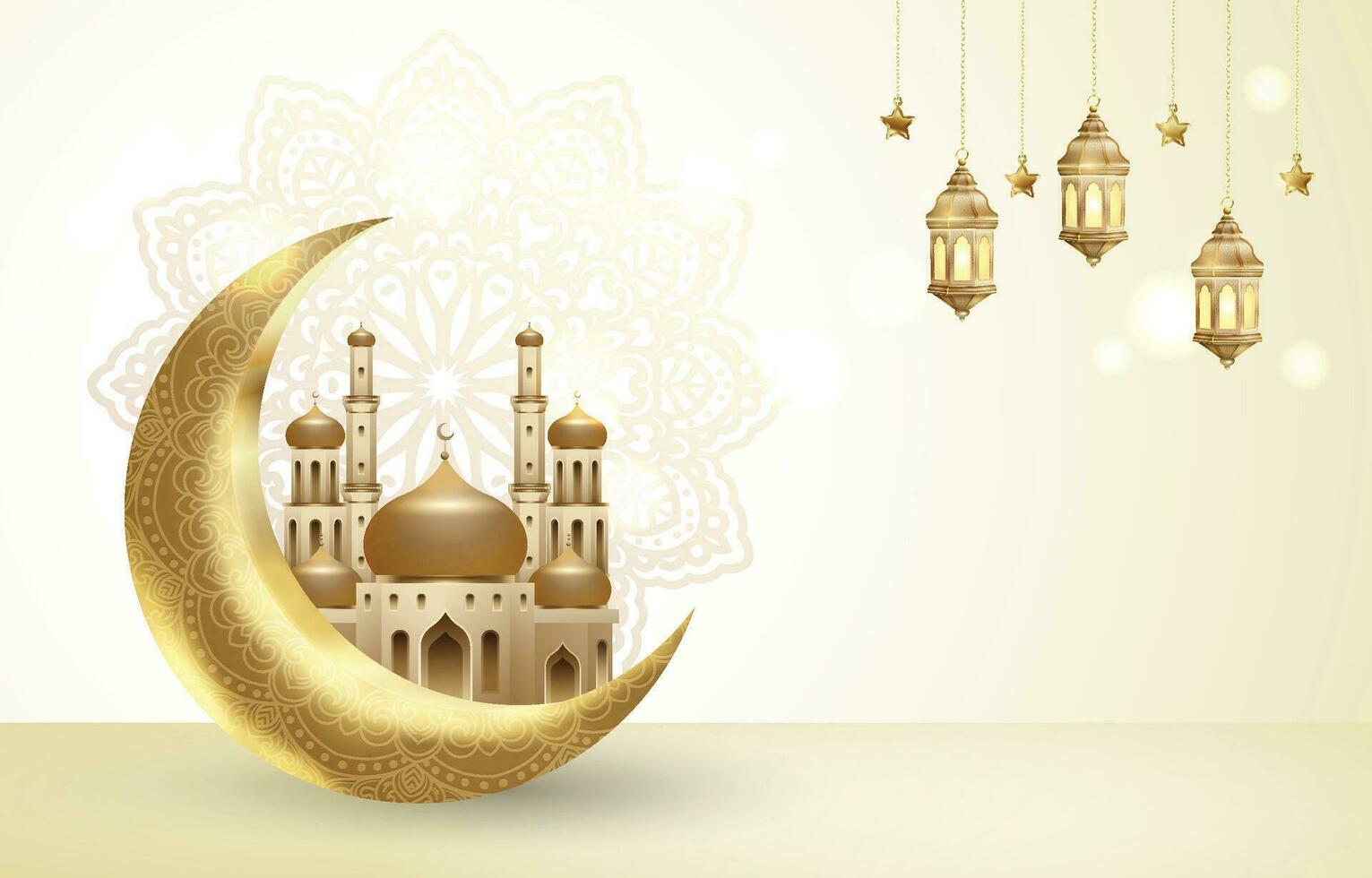 islamico sfondo con oro moschea, mezzaluna Luna e lanterna per celebrazione vettore