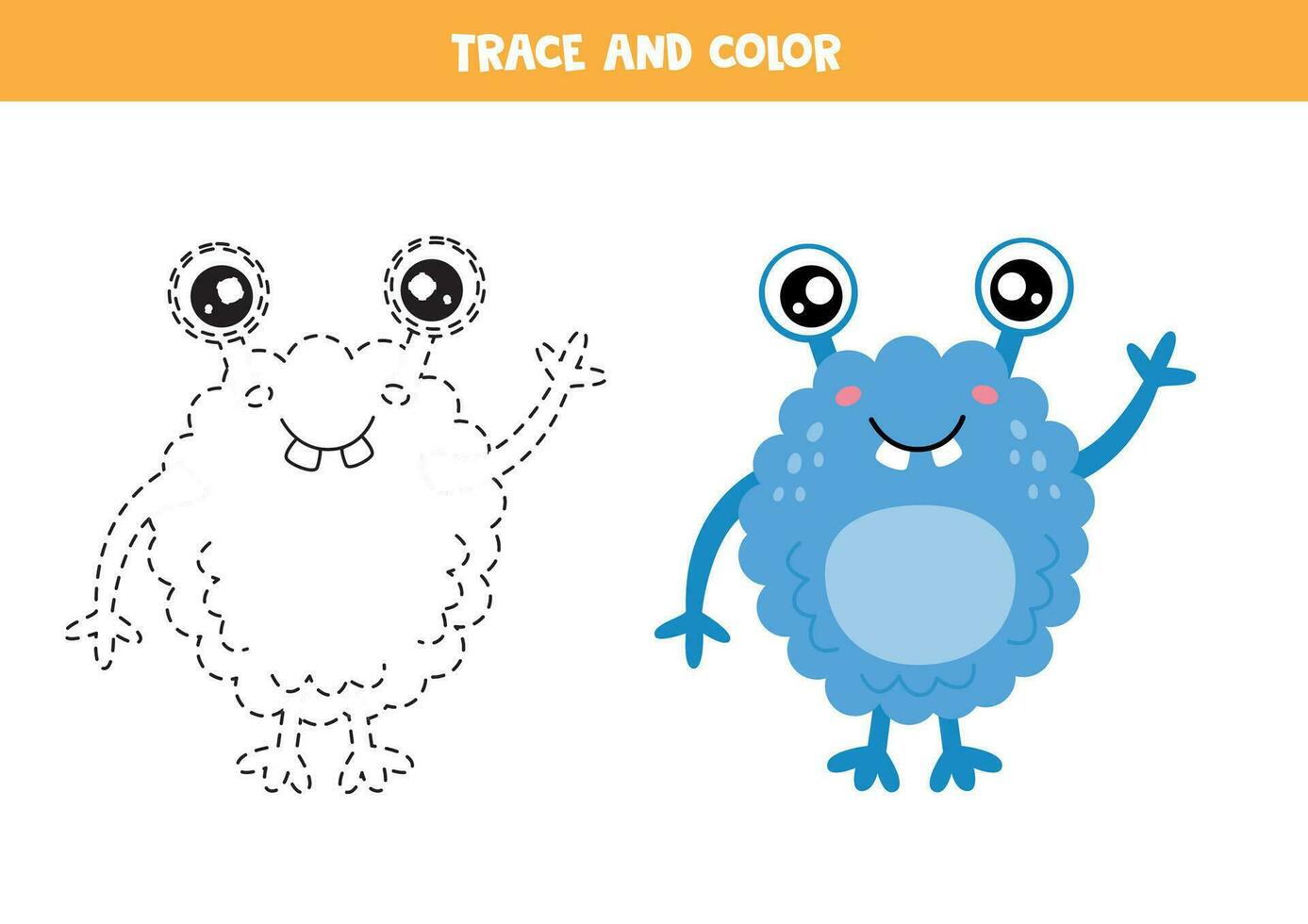 tracciare e colore carino cartone animato blu mostro. foglio di lavoro per bambini. vettore