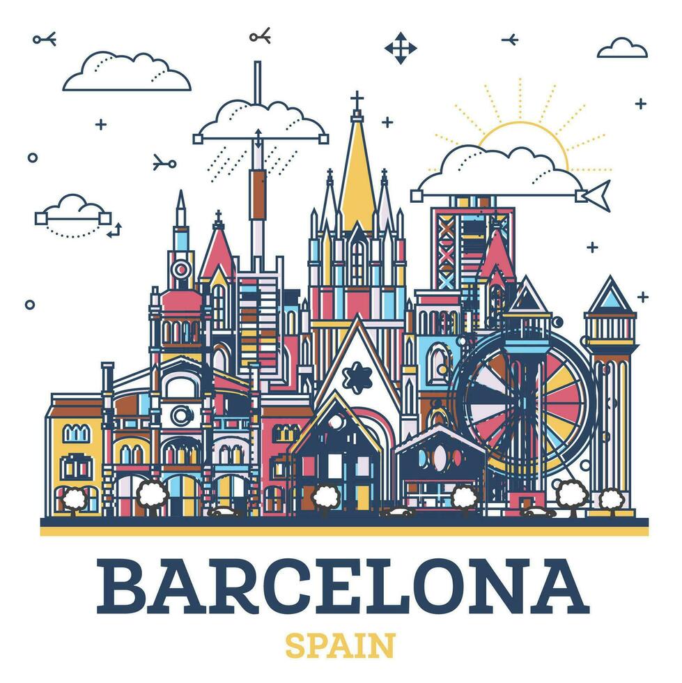 schema Barcellona Spagna città orizzonte con colorato moderno e storico edifici isolato su bianca. Barcellona paesaggio urbano con punti di riferimento. vettore