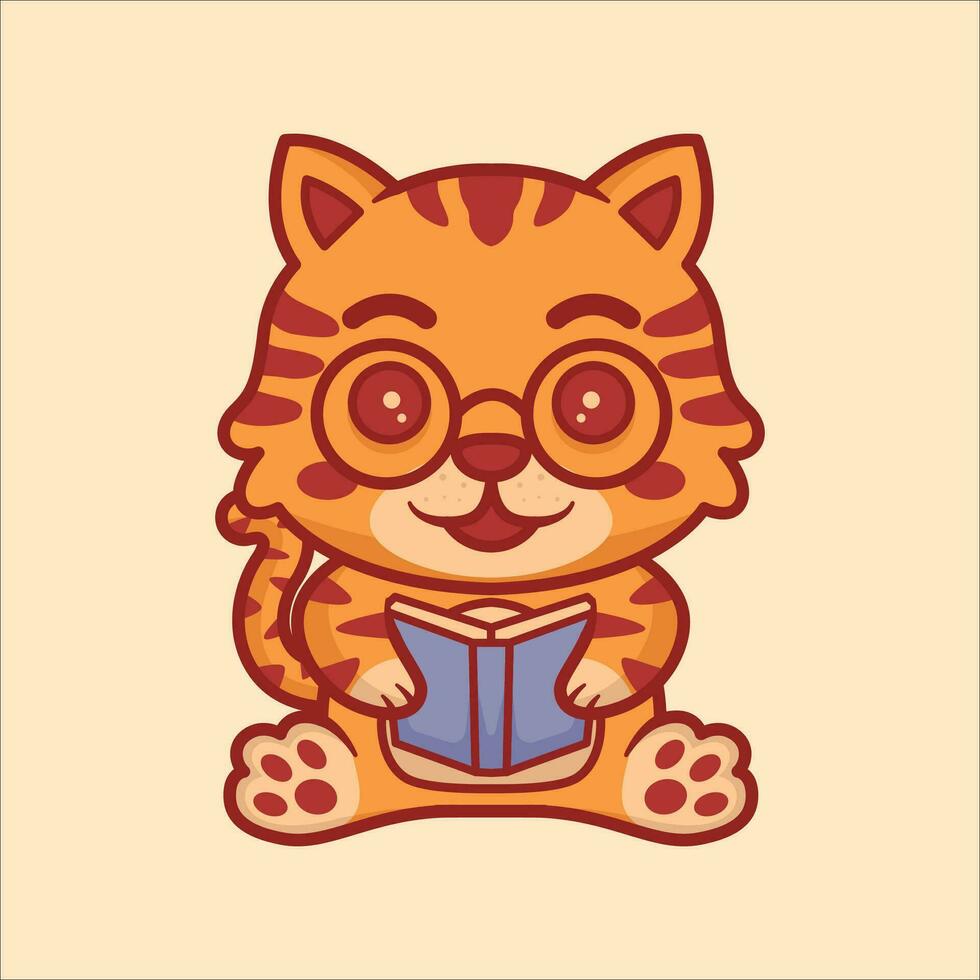 carino gatto animali lettura libro cartone animato illustrazione vettore