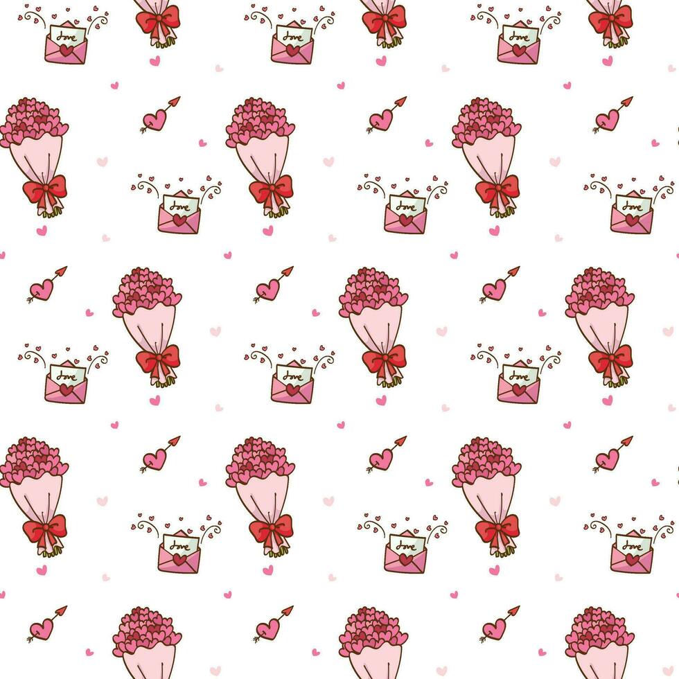 mano disegnato san valentino giorno modello senza soluzione di continuità di fiori, e cuori rosa. stampabile per San Valentino struttura, copertina prenotare, sfondo, sfondo. vettore