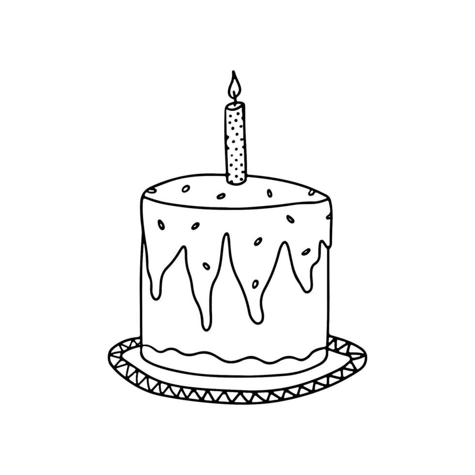 singolo scarabocchio torta con candela per compleanno carta, saluto, manifesti, ricetta, culinario design. isolato su bianca sfondo. mano disegno vettore illustrazione.