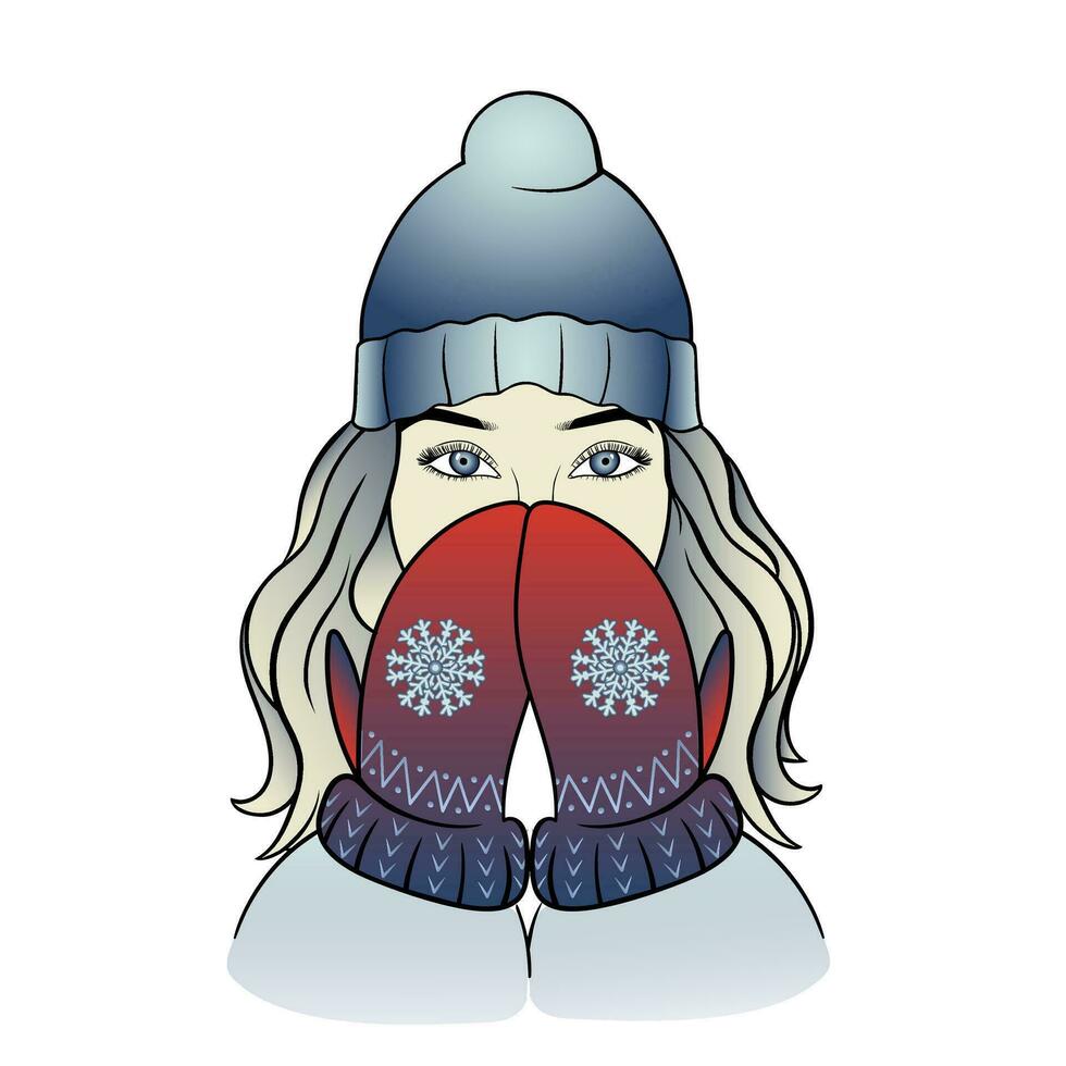 il ragazza coperto sua viso con sua guantato mani. vettore illustrazione di un' giovane ragazza nel caldo inverno Abiti.