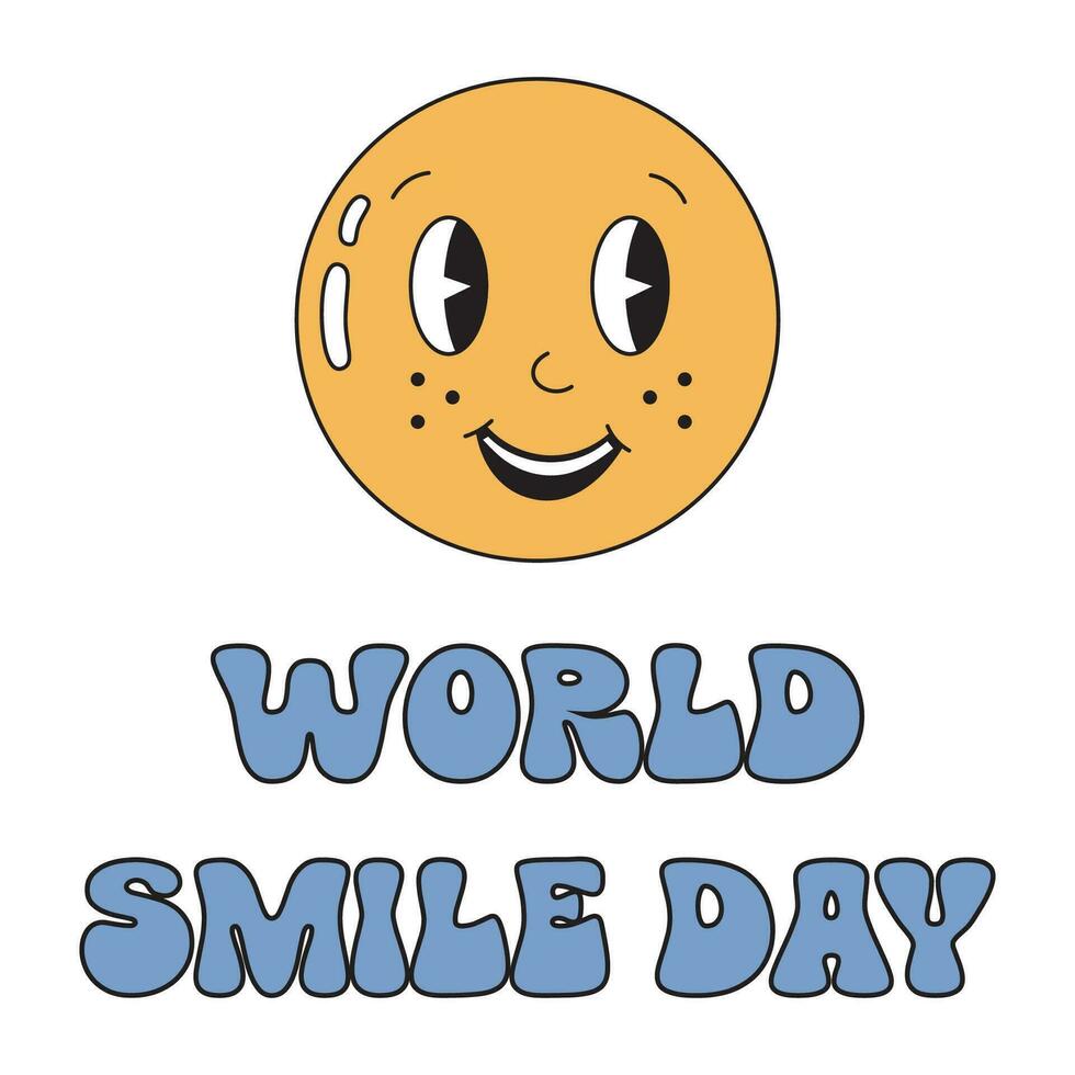 mondo Sorridi giorno illustrazione con contento sorridente giallo emoji. divertente emoji ragazzo e ragazza nel retrò stile. Perfetto per saluto carta, manifesto, sociale media, media risorse. vettore