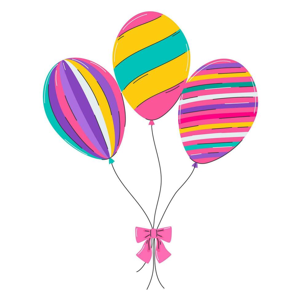 luminosa aria palloncini. simbolo di vacanza, festivo eventi, compleanno, celebrazione. tre legato palloncini con arco. piatto decorativo elementi. vettore illustrazione isolato su un' bianca sfondo.