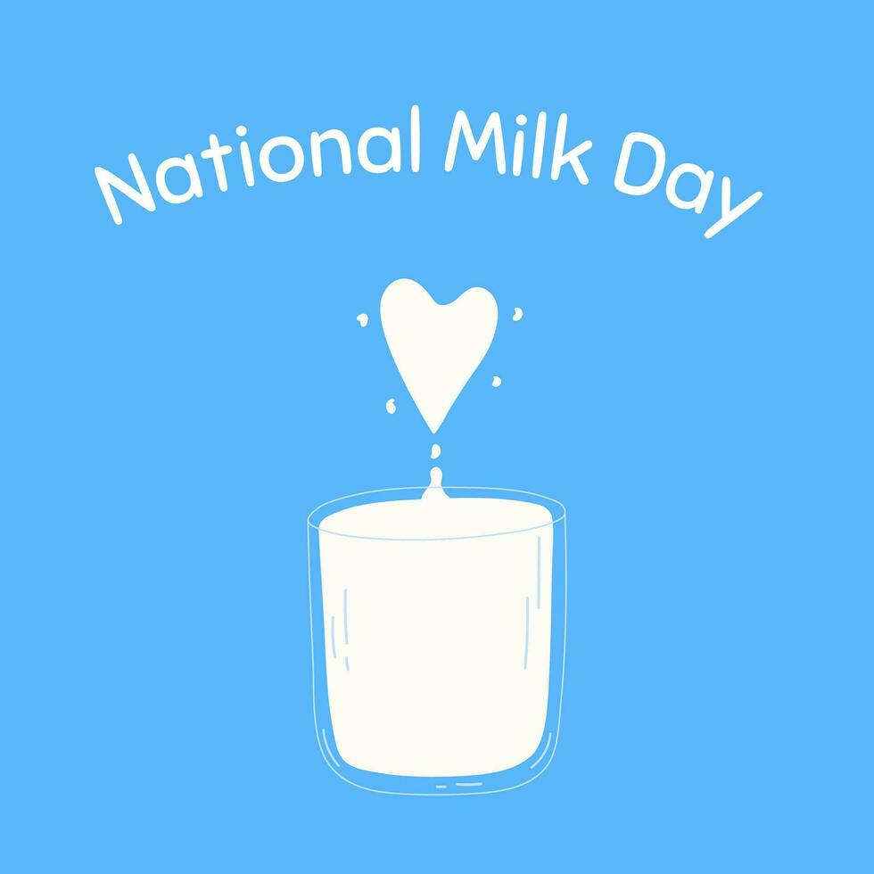un' bicchiere di latte con cuore come concetto di nazionale latte giorno, gennaio 11°. mano disegnato vettore illustrazione.