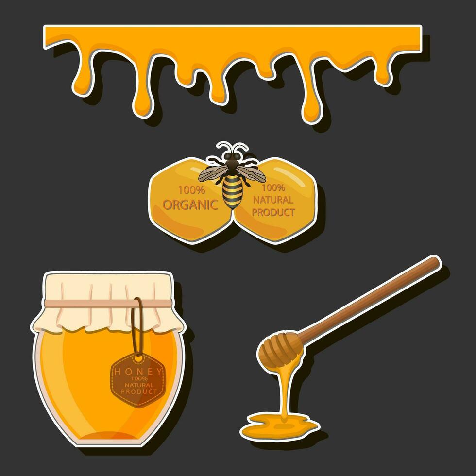 illustrazione su tema zuccherino fluente giù miele nel Favo con ape vettore