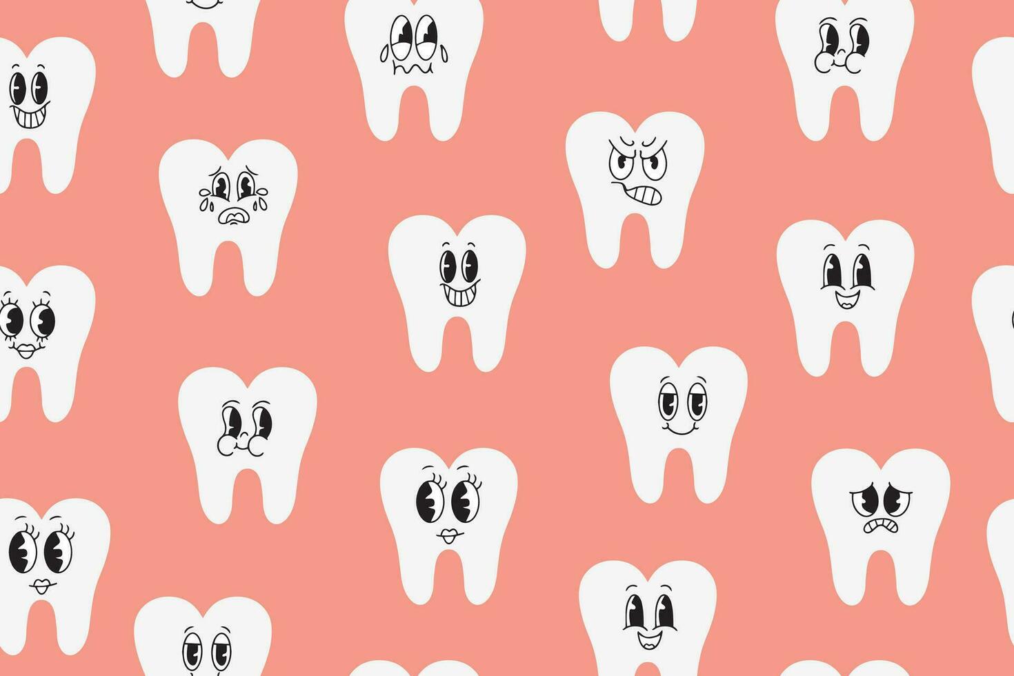 senza soluzione di continuità modello con carino denti. bianca denti nel kawaii stile. dentale carino sfondo. illustrazione per un' pediatrico dal dentista ufficio, pediatrico odontoiatria. vettore. vettore illustrazione