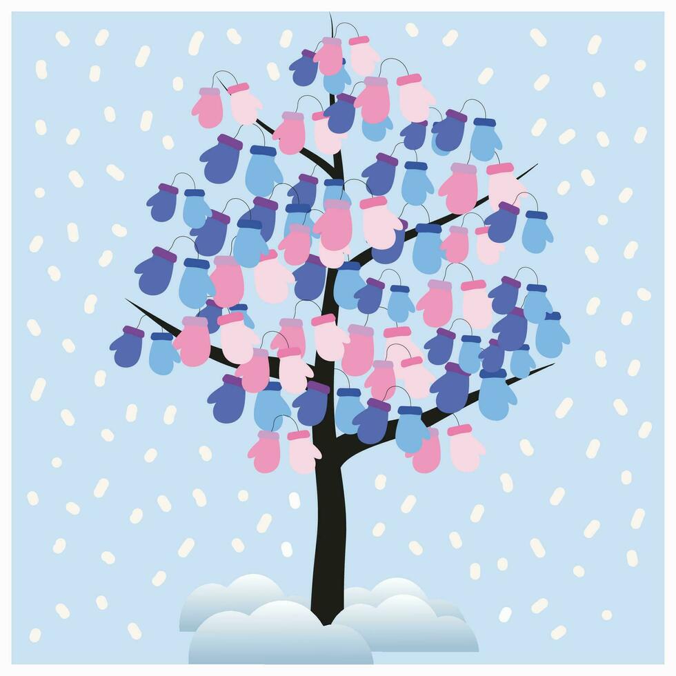 illustrazione di un' inverno albero con guanti anziché di le foglie. cumuli di neve e neve. nuovo anno. esso può essere Usato per cartoline, manifesto, riviste, figli di libri. vettore