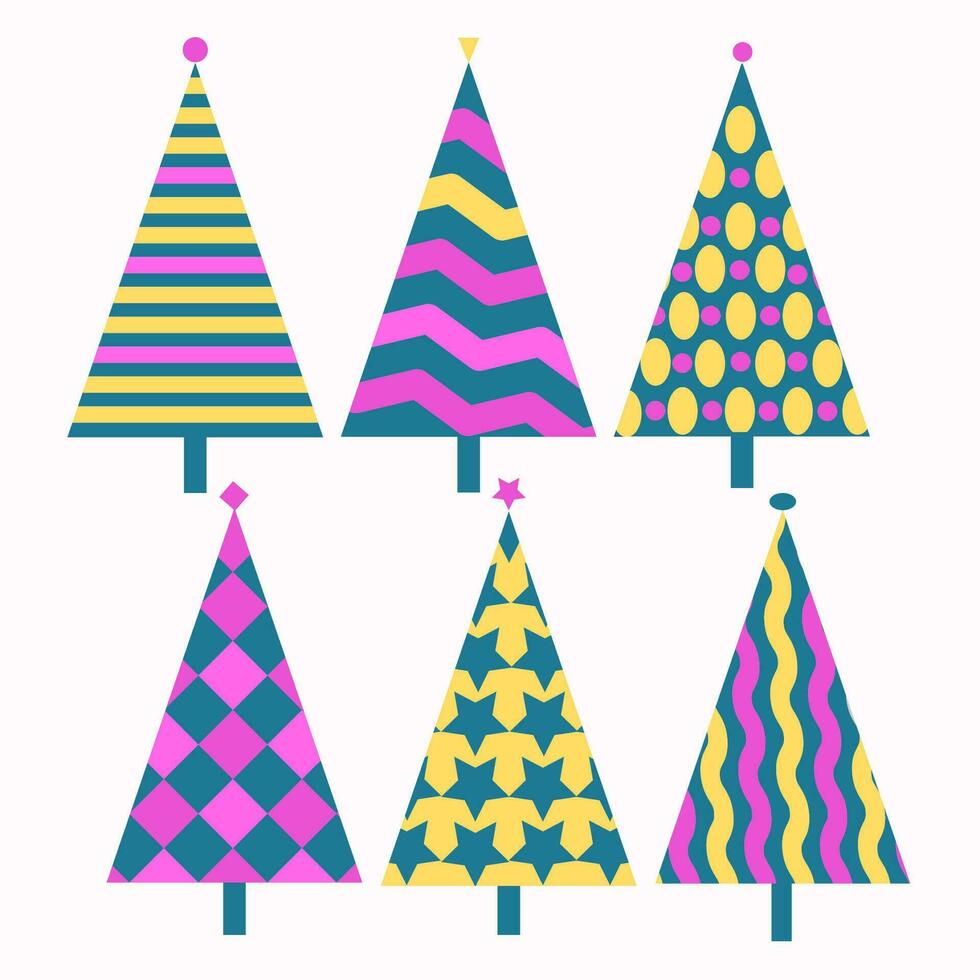 un' impostato di Natale alberi decorato con geometrico ornamenti, strisce, onde, stelle, ovali. Smeraldo, lilla, giallo colori. per cartoline, inviti, eccetera. vettore