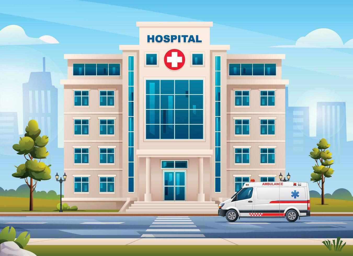 ospedale edificio con ambulanza emergenza auto su paesaggio urbano sfondo. vettore cartone animato illustrazione