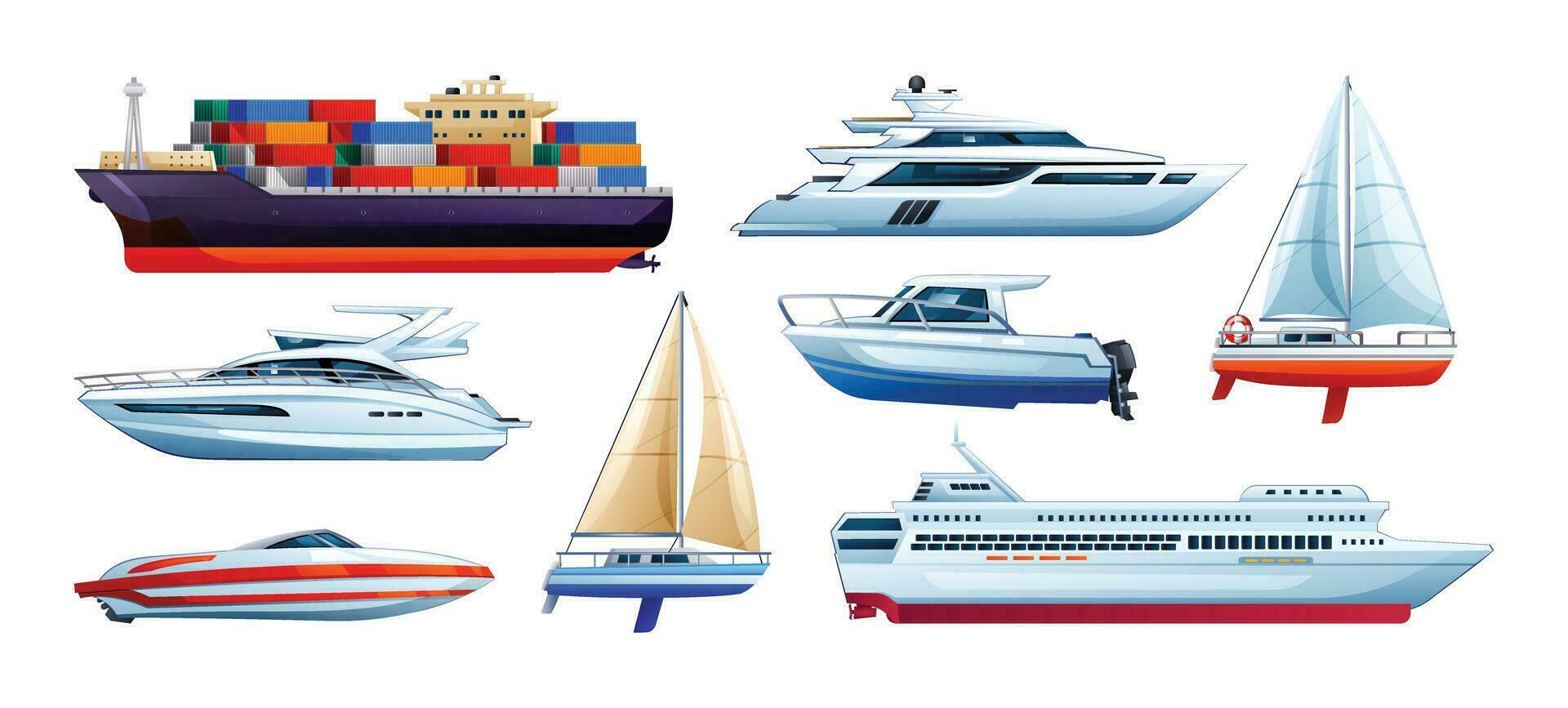 impostato di mare navi e Barche. barca a vela, motoscafo, yacht e carico nave collezione. vettore illustrazione