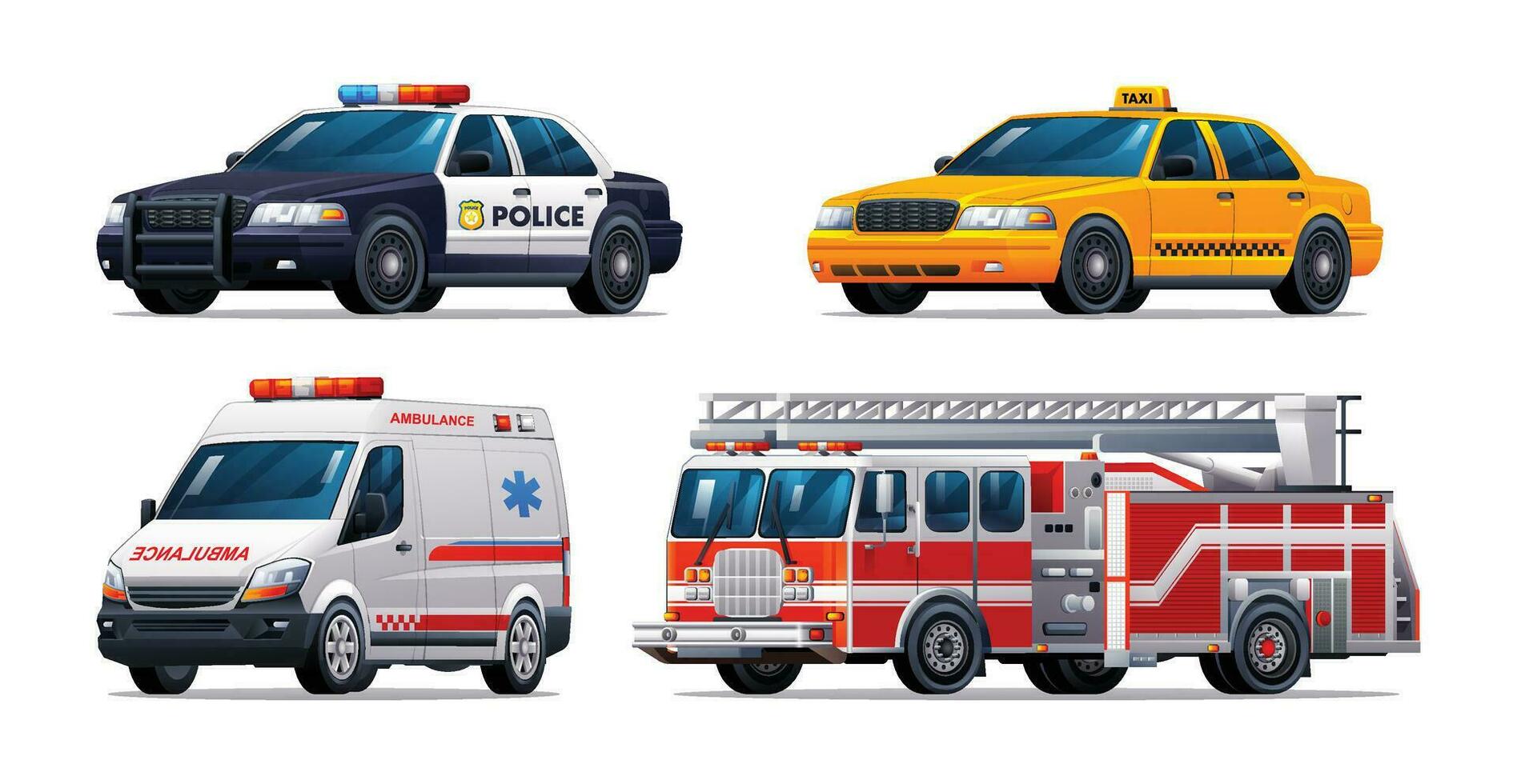 impostato di emergenza veicoli. polizia macchina, Taxi, ambulanza e fuoco camion. ufficiale emergenza servizio veicoli vettore illustrazione
