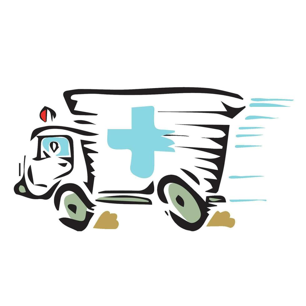 ambulanza emergenza camion o auto in movimento veloce vettore illustrazione, mano disegnato piatto umoristico medico veicolo