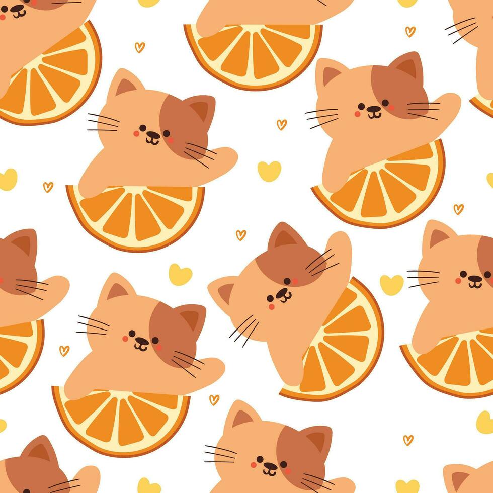 senza soluzione di continuità modello cartone animato gatto con arancia. carino animale sfondo per tessile, regalo avvolgere carta vettore