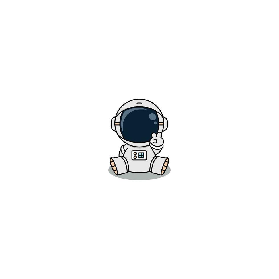 carino astronauta mostrando v cartello mano e seduta cartone animato, vettore illustrazione