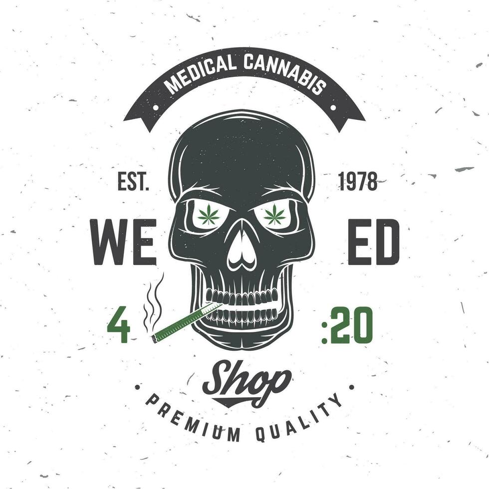 medico canapa distintivo, etichetta con scheletro cranio, fumo marijuana vettore. Vintage ▾ tipografia logo design con cannabis, cranio, scheletro mano silhouette per erba negozio, marijuana consegna servizio vettore