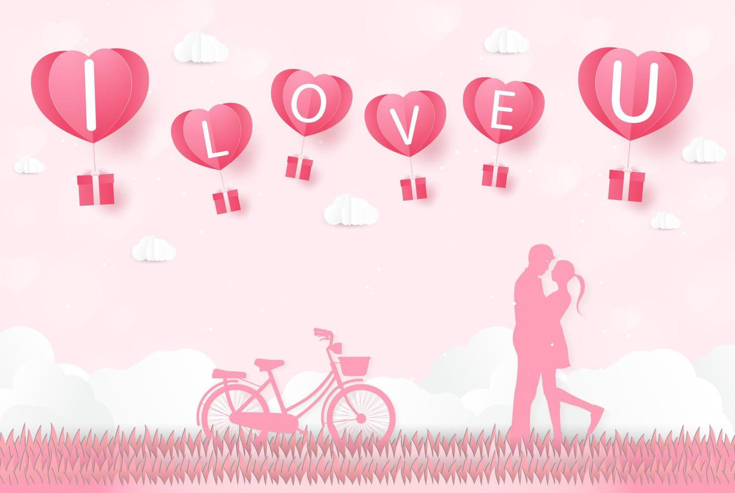 l'amore e il giorno di san valentino, gli amanti stanno nei prati e un palloncino a forma di cuore di arte di carta che galleggia nel cielo. stile artigianale. vettore