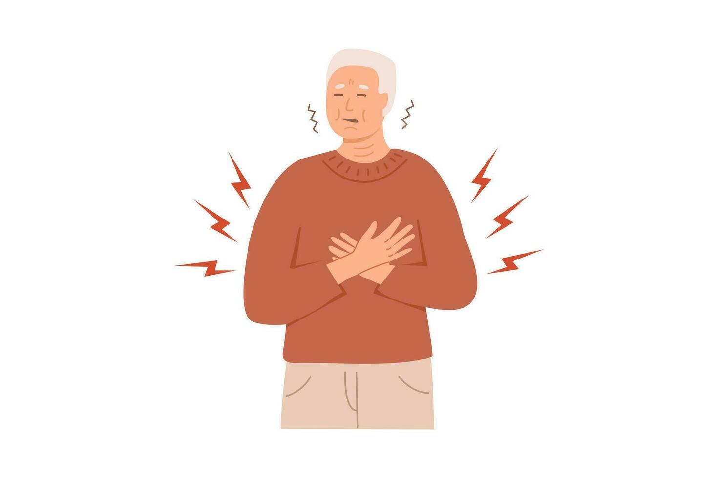 un anziano uomo con cuore attacco sintomi. un' persona con mani su il suo il petto sperimentare cardiaco angoscia. medico paziente avendo ictus. vettore illustrazione isolato su bianca sfondo.