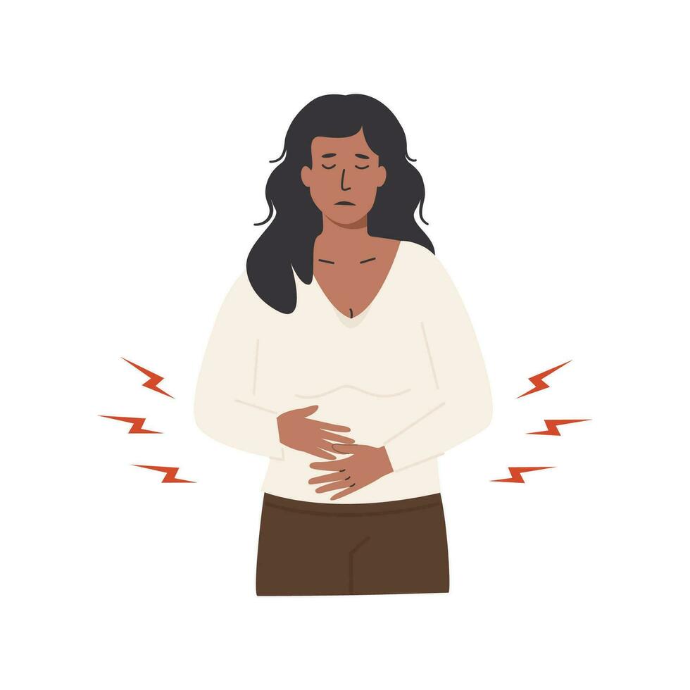 donna con stomaco dolore Tenere sua mani su gonfiarsi. giovane femmina con addominale dolore. crampi, disagio durante mestruale periodo. pms sintomo. uterino, ovarico e cervicale cancro. vettore illustrazione