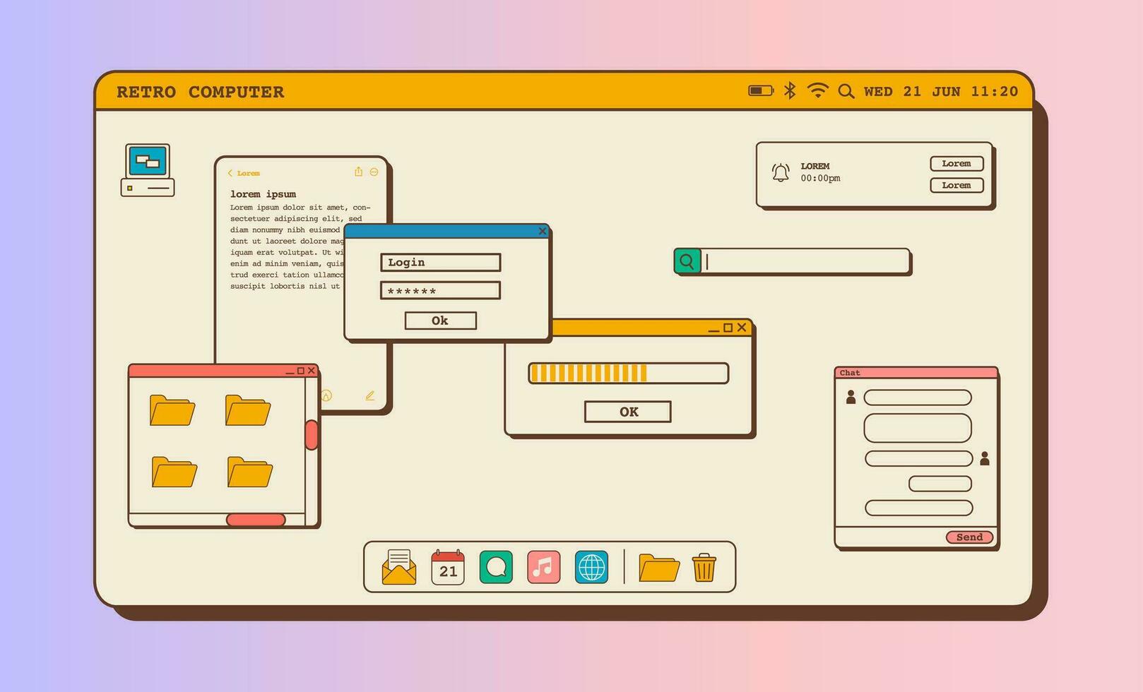 Vintage ▾ estetico computer del desktop pagina con apparire scatole. vaporwave del browser e dialogo finestre. anni 80 anni 90 vecchio stile utente interfaccia. nostalgico retrò operativo sistema. vettore piatto illustrazione.