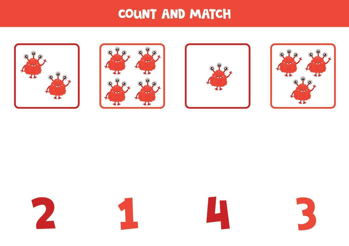 conteggio gioco per bambini. contare tutti rosso mostri e incontro con numeri. foglio di lavoro per bambini. vettore
