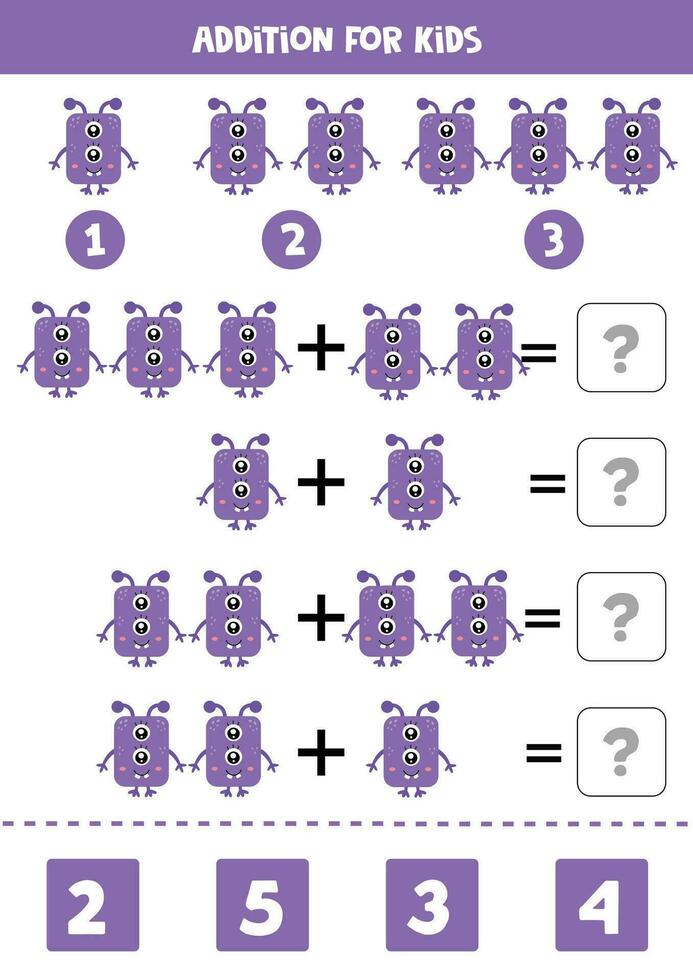 aggiunta per bambini con carino cartone animato viola mostro. vettore