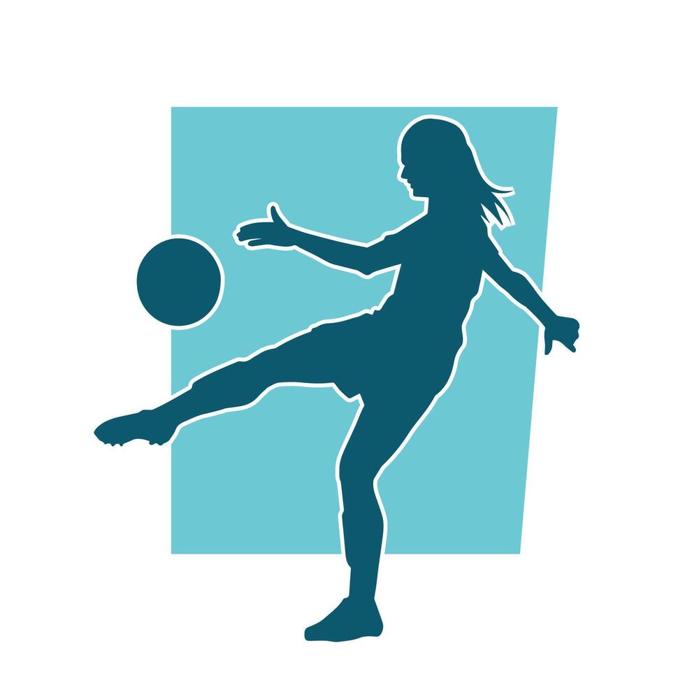 silhouette di un' femmina calcio giocatore calciando un' sfera. silhouette di un' calcio giocatore donna nel azione posa. vettore