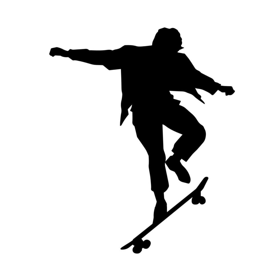 silhouette di un' femmina nel azione posa su skateboard. silhouette di un urbano ragazza su skateboard. vettore