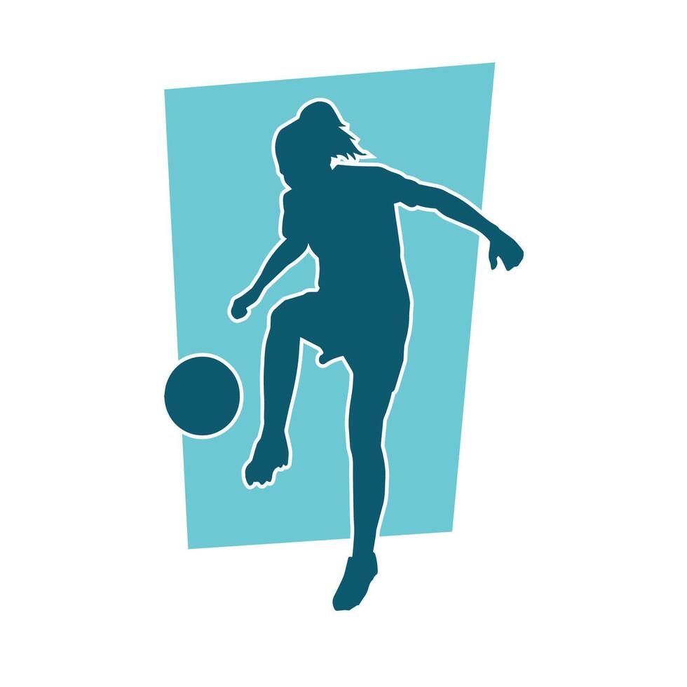 silhouette di un' femmina calcio giocatore calciando un' sfera. silhouette di un' calcio giocatore donna nel azione posa. vettore