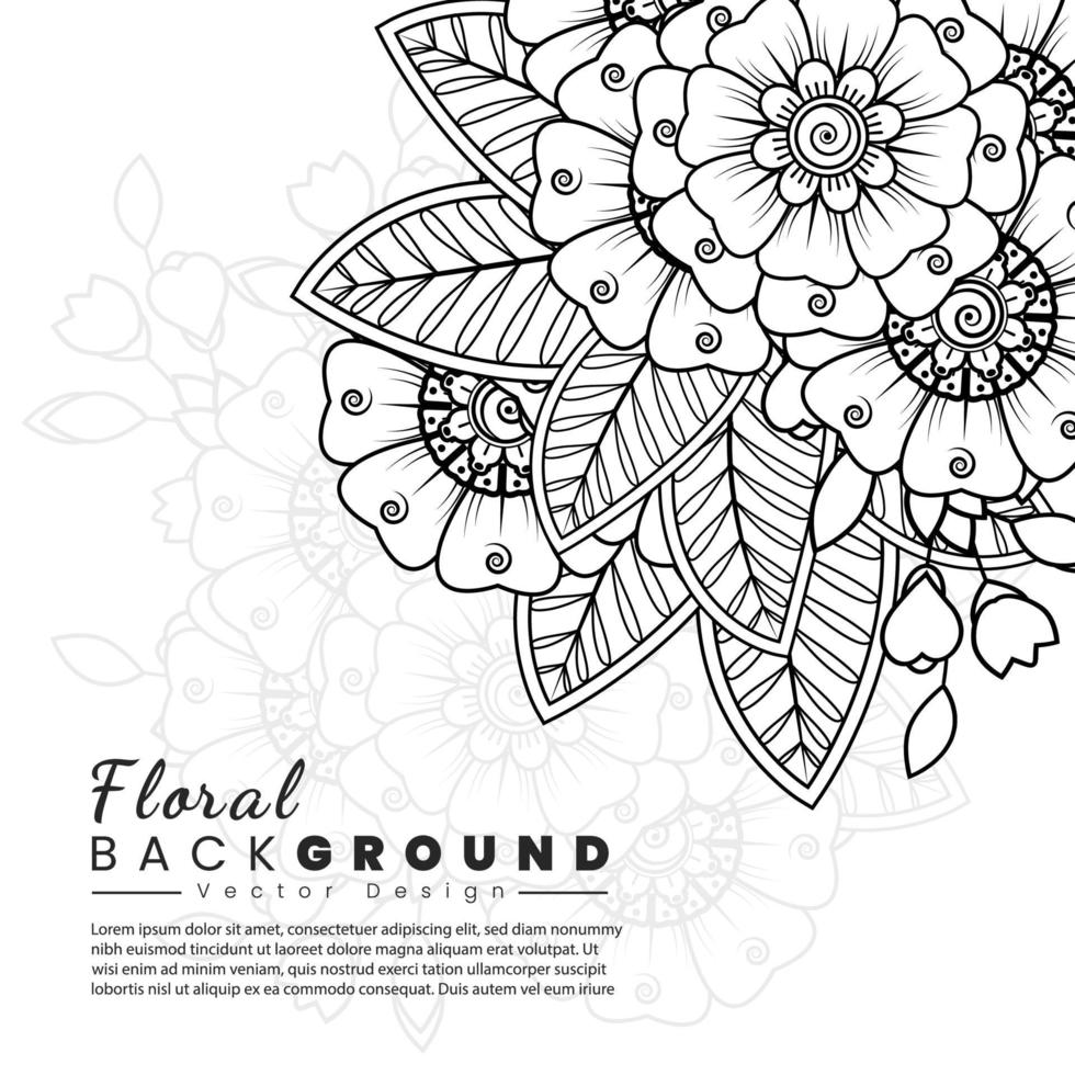 sfondo con fiori mehndi. linee nere su sfondo bianco. banner o modello di carta vettore